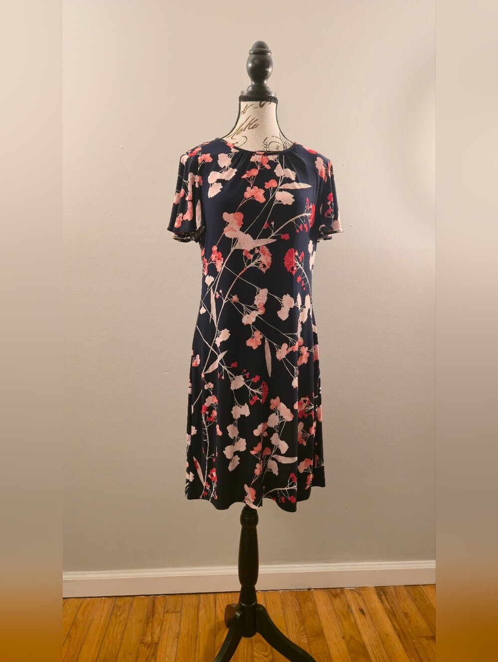 Tommy Hilfiger Navy Floral Midi Dress with Pink & Cream Blooms